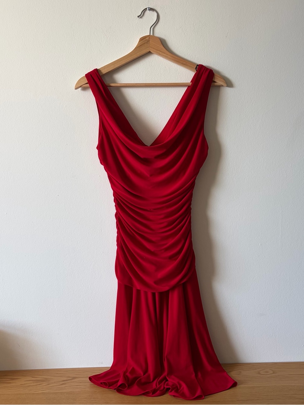 Red cowl neck midi dress with ruched detailing